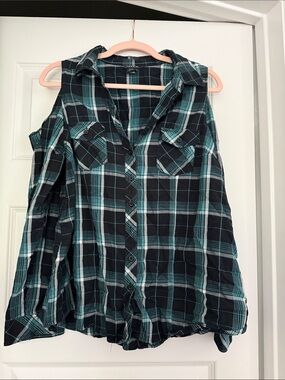 torrid Black & Teal Plaid Cold-Shoulder Button Down Shirt